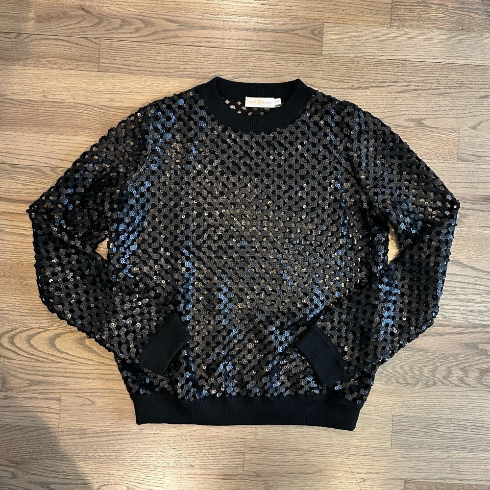 Tory Burch Sequin Open Knit Wool Black Crewneck Sweater